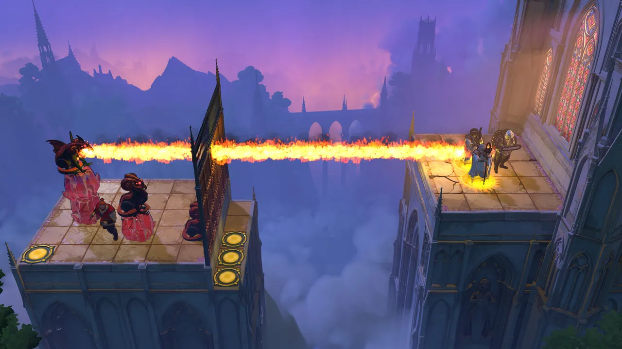 Two gothic tower tops above the clouds; a dark winged beast on the left breathes a straight line of fire across the gap toward a hero standing on a glowing tile on the right
