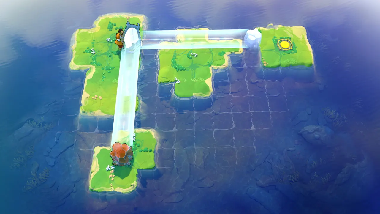 Grassy islands in a blue sea, with a character beside a mirror whose pale light path crosses the water to a far island with a gold goal pad