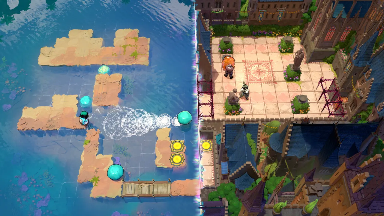A large skipping stone splashes across water between sandy islands, next to a castle courtyard where three heroes stand among statues