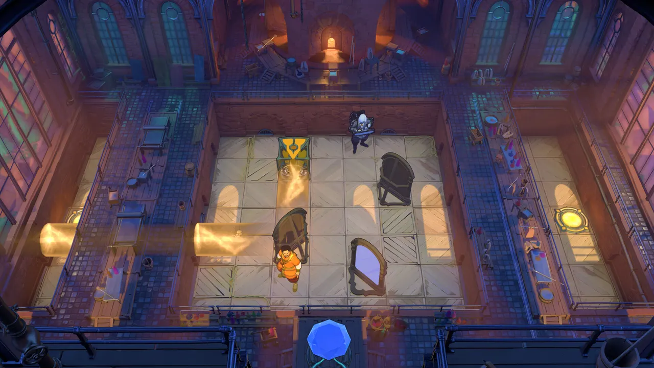 Top-down view of a workshop room with tiled floor, two standing mirrors, a yellow light beam crossing from the left wall, two characters and a gold goal pad